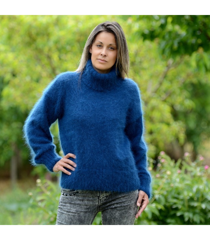 Hand Knit 100% pure angora Sweater blue Fuzzy Turtleneck Handgestrickte pullover by Extravagantza