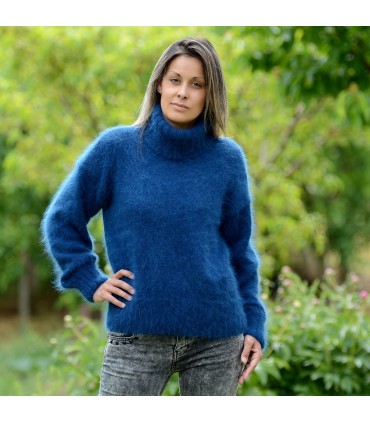 100% Pure Angora Hand Knit Sweater Blue Turtleneck