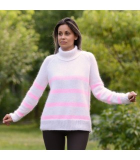 Hand Knit 100% pure angora Sweater white and pink stripped Fuzzy turtleneck Handgestrickte pullover by Extravagantza