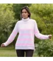100% Pure Angora Hand Knit Sweater Striped Turtleneck White Pink