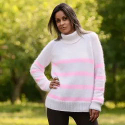Hand Knit 100% pure angora Sweater white and pink stripped Fuzzy turtleneck Handgestrickte pullover by Extravagantza