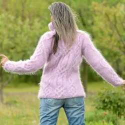 Cable Hand Knit Mohair Sweater pink Fuzzy Turtleneck Handgestrickt pullover by Extravagantza