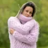 Cable Hand Knit Mohair Sweater pink Fuzzy Turtleneck Handgestrickt pullover by Extravagantza
