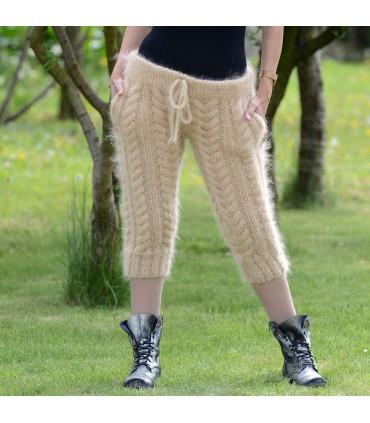 3/4 Light Beige Hand Knit Mohair Pants with pockets