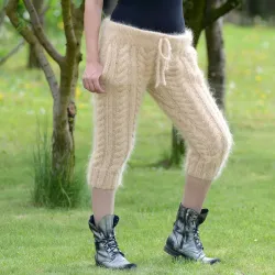 Light Beige Hand Knitted Mohair pants Handgestrickt pullover by Extravagantza