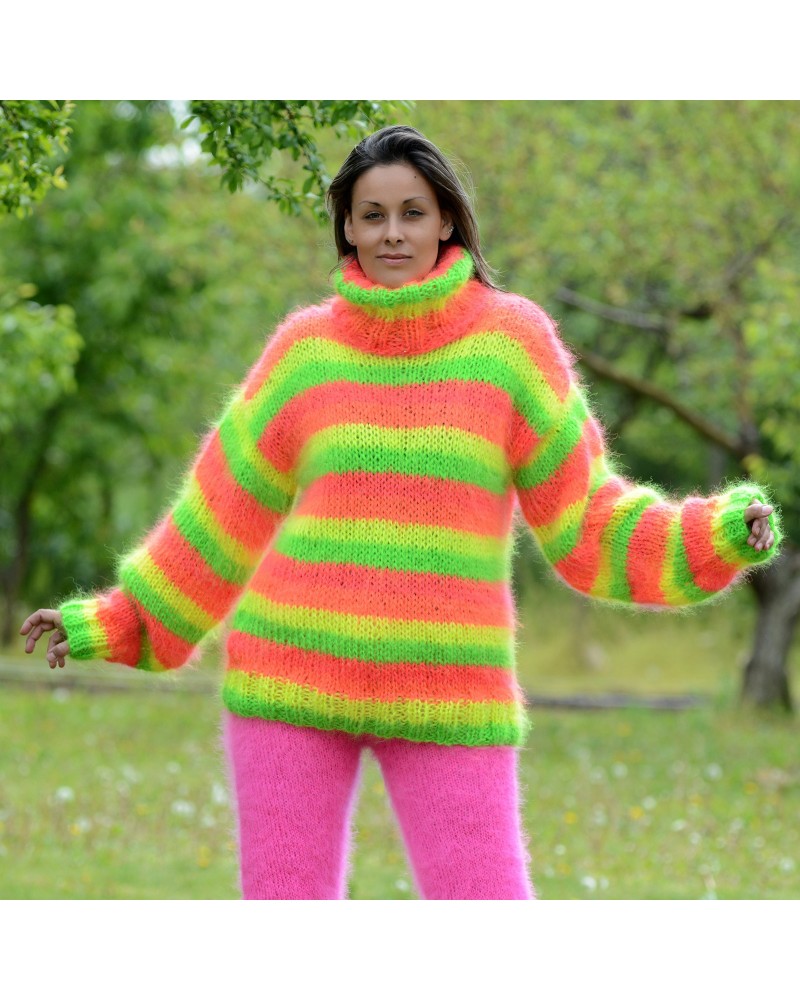 Hand Knit Mohair Sweater striped Yellow, Green, Orange and Pink Fuzzy Turtleneck Handgestrickt pullover by Extravagantza