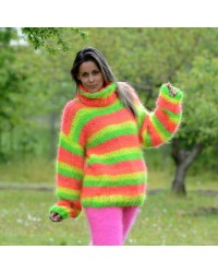 Hand Knit Mohair Sweater striped Yellow, Green, Orange and Pink Fuzzy Turtleneck Handgestrickt pullover by Extravagantza
