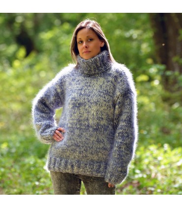 4 strands Hand Knit Mohair Sweater White Blue mix Fuzzy Turtleneck Plain Design