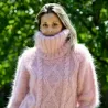 Cable Hand Knit Mohair Sweater light Pink Fuzzy Turtleneck Handgestrickt pullover by Extravagantza