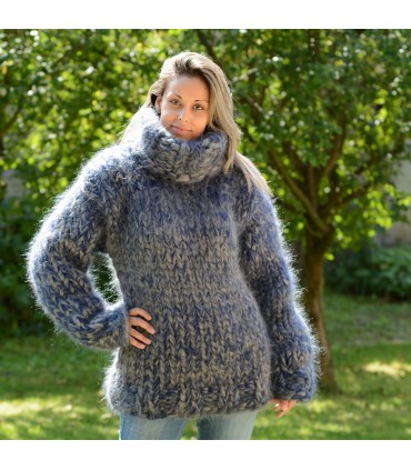 20 strands Hand Knit Mohair Sweater Gray mix Fuzzy Turtleneck Plain Design