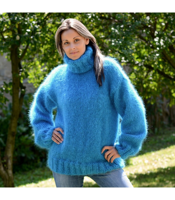 Hand Knit Mohair Sweater Light Blue Fuzzy Turtleneck Handgestrickte pullover by Extravagantza