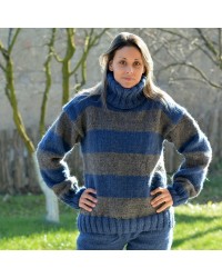 striped Hand Knit 100 % wool Sweater grey and blue Turtleneck Handgestrickt pullover by Extravagantza