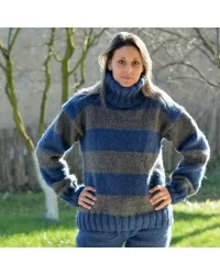 Striped Hand Knit 100 % Wool Sweater Grey and Blue Turtleneck Pullover