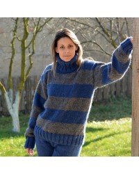 striped Hand Knit 100 % wool Sweater grey and blue Turtleneck Handgestrickt pullover by Extravagantza