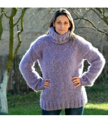 Hand Knit Mohair and Wool Sweater Lilac Fuzzy Turtleneck