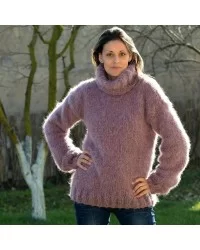Hand Knit Mohair and Wool Sweater Dark Pink Fuzzy Turtleneck