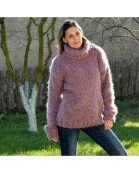 Hand Knit Mohair and wool Sweater Dark Pink Fuzzy Turtleneck Handgestrickt pullover by Extravagantza