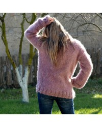 Hand Knit Mohair and wool Sweater Dark Pink Fuzzy Turtleneck Handgestrickt pullover by Extravagantza