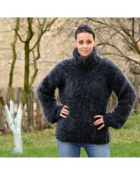 Hand Knit Mohair and wool Sweater Black Fuzzy handmade Turtleneck Handgestrickt pullover by Extravagantza