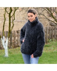 Hand Knit Mohair and wool Sweater Black Fuzzy handmade Turtleneck Handgestrickt pullover by Extravagantza