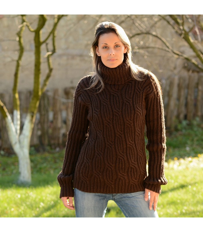 Dark Brown cable hand knit 100 % wool turtlrnrck handmade sweater ...