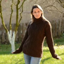 Cable Hand Knit 100 % wool Sweater dark brown handmade Turtleneck Handgestrickt pullover by Extravagantza