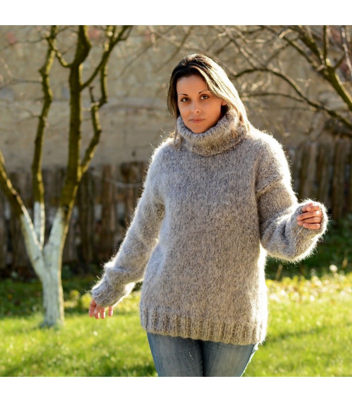 Hand Knit Mohair and wool Sweater Light Gray Fuzzy handmade Turtleneck Handgestrickt pullover by Extravagantza
