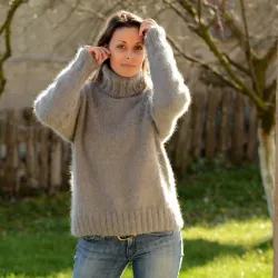 Handmade Light Gray 2 Strands Hand Knit 100% pure angora Sweater black Fuzzy Turtleneck Handgestrickte pullover by Extravagantza