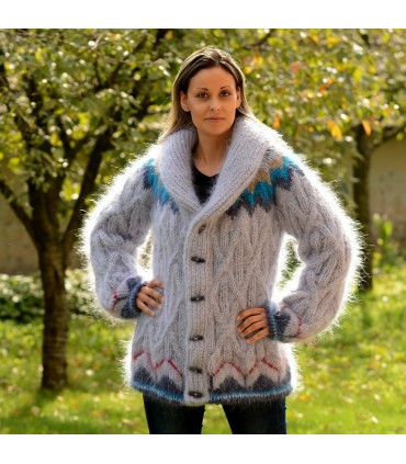 Icelandic Nordic Light Gray Hand Knit Mohair Coat Cardigan Shawl Fuzzy and Fluffy