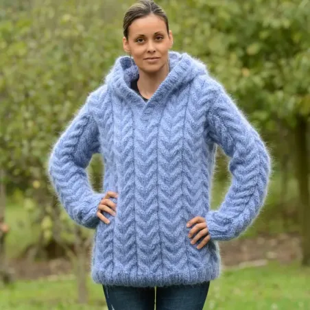 Hand Knit Mohair Sweater light blue hooded Fuzzy handmade Turtleneck Handgestrickt pullover by Extravagantza