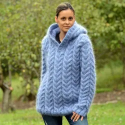 Hand Knit Mohair Sweater light blue hooded Fuzzy handmade Turtleneck Handgestrickt pullover by Extravagantza