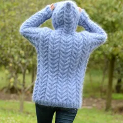 Hand Knit Mohair Sweater light blue hooded Fuzzy handmade Turtleneck Handgestrickt pullover by Extravagantza