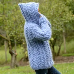 Hand Knit Mohair Sweater light blue hooded Fuzzy handmade Turtleneck Handgestrickt pullover by Extravagantza