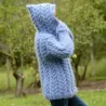 Hand Knit Mohair Sweater light blue hooded Fuzzy handmade Turtleneck Handgestrickt pullover by Extravagantza