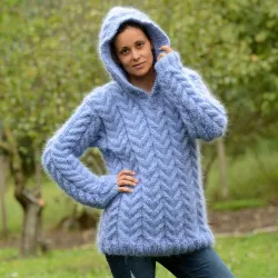 Hand Knit Mohair Sweater light blue hooded Fuzzy handmade Turtleneck Handgestrickt pullover by Extravagantza