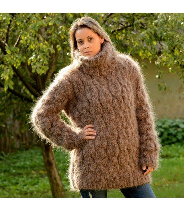 Hand Knit Mohair Sweater Light Brown Fuzzy Cable Turtleneck Pullover