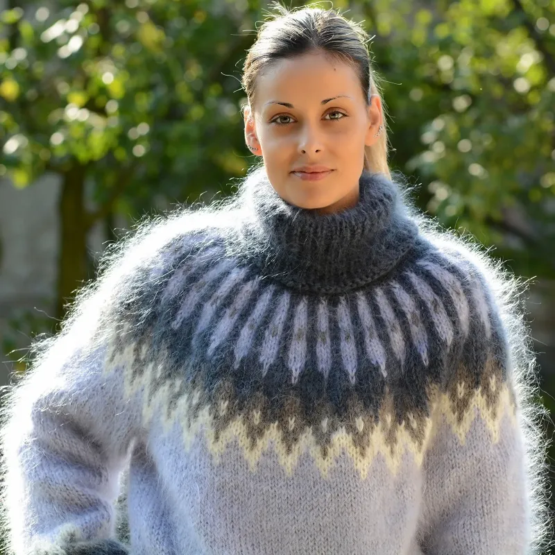 Light Blue Grey Icelandic hand knitted mohair sweater by Extravagantza