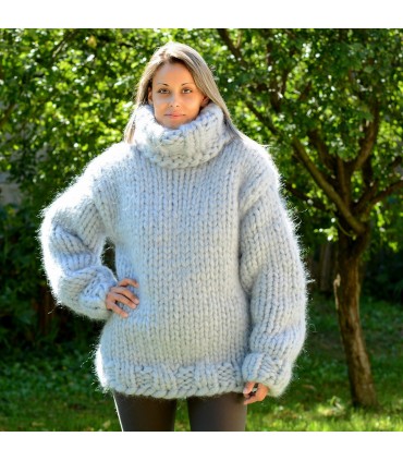 20 strands Hand Knit Mohair Sweater Light Gray Fuzzy Handmade Turtleneck