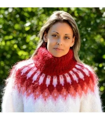 Icelandic Hand Knit Mohair Sweater White Red Fuzzy handmade Turtleneck Handgestrickte pullover