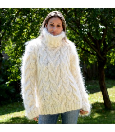 New White Cable Hand Knit Mohair Sweater Fuzzy and Fluffy Turtleneck Pullover