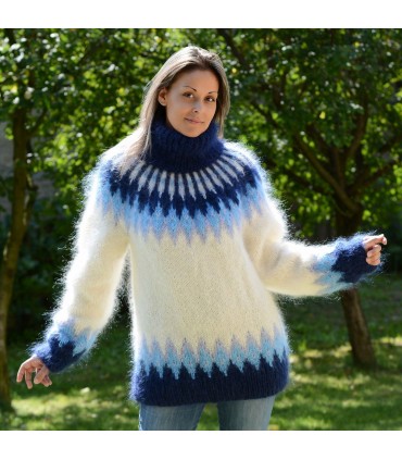 New Icelandic Hand Knit Mohair Sweater White Blue Fuzzy Turtleneck