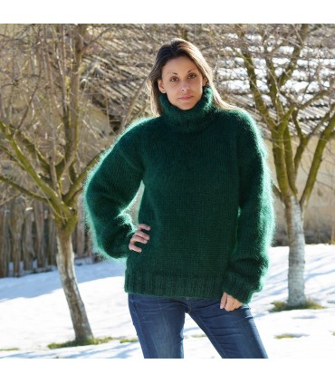 Hand Knitted Mohair Sweater Dark Green Fuzzy and fluffy Turtleneck Handmade by Extravagantza