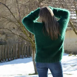 Hand Knit Mohair Sweater Dark Green Fuzzy Turtleneck Handgestrickte pullover by Extravagantza