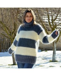 Hand Knit Mohair Sweater striped White and Dark Grey Fuzzy Turtleneck Handgestrickt pullover by Extravagantza