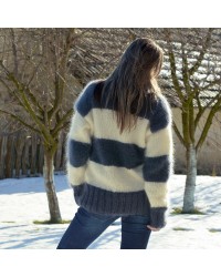 Hand Knit Mohair Sweater striped White and Dark Grey Fuzzy Turtleneck Handgestrickt pullover by Extravagantza