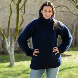 Dark blue Hand Knit 100 % wool Sweater turtleneck Handgestrickt handmade pullover by Extravagantza