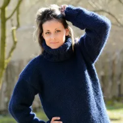 Dark blue Hand Knit 100 % wool Sweater turtleneck Handgestrickt handmade pullover by Extravagantza