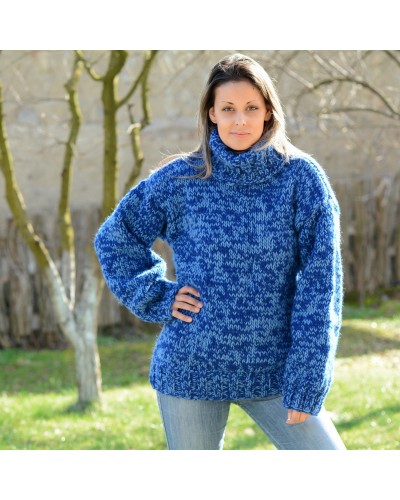 Blue Mix Hand Knitted 100 %  Wool Sweater Turtleneck Pullover