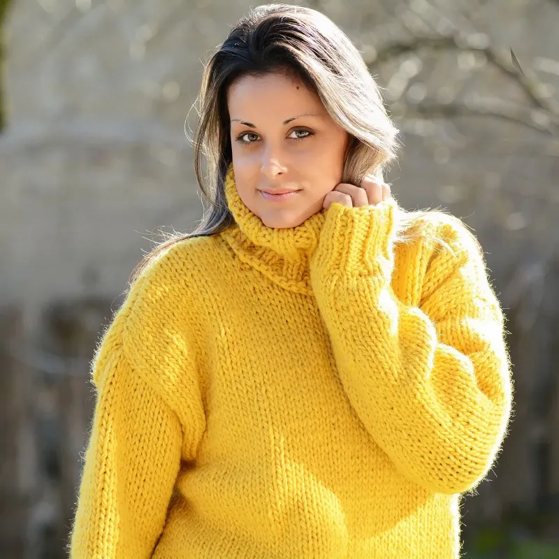 Yellow Hand Knitted 100 % wool Sweater turtleneck Handgestrickt handmade pullover by Extravagantza