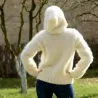 Hand Knit Mohair Sweater White hooded Fuzzy Handmade Turtleneck Handgestrickt pullover by Extravagantza
